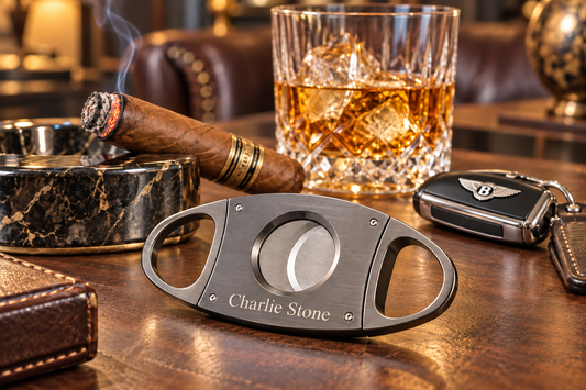 Personalized laser-engraved guillotine cigar cutter displayed with a cigar and glass of whiskey