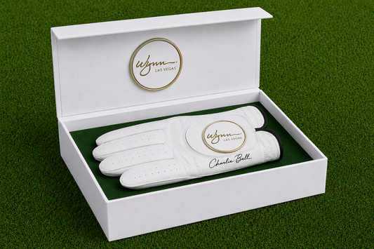 Personalized golf glove gift box with custom magnetic ball marker and laser-engraved monogram
