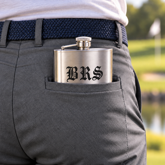 Personalized 7 oz laser-engraved flask with monogram carried in a golfer’s back pocket