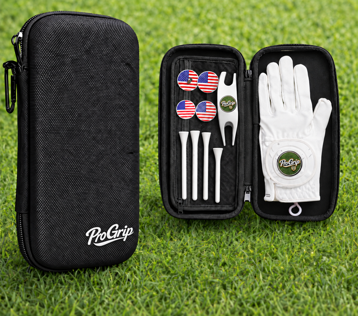 Compact personalized golf glove gift case with custom markers, tees, hat clip and divot tool