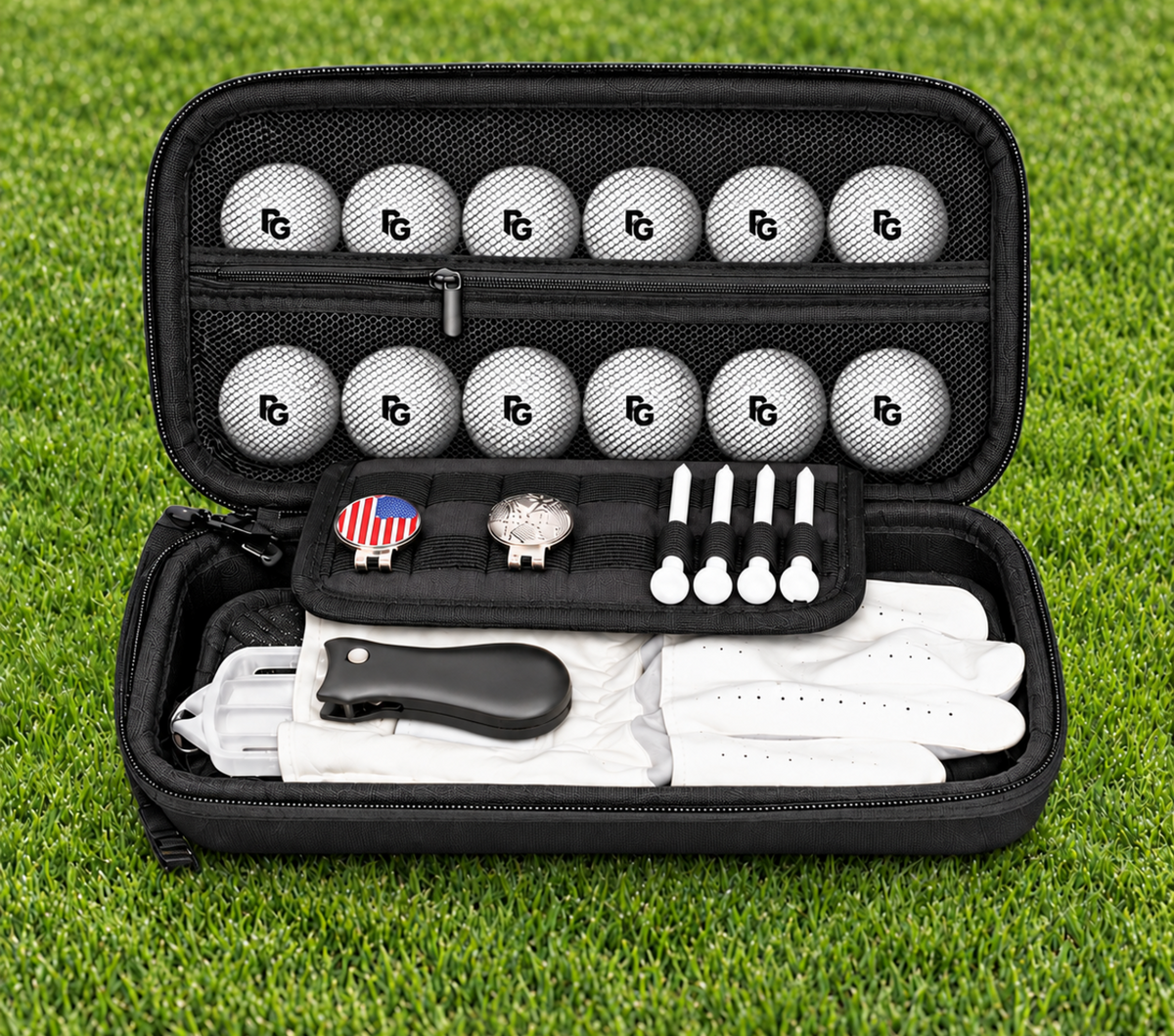 Deluxe personalized golf gift case with custom glove, golf balls, tees, towel, markers and divot tool
