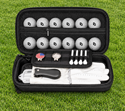 Deluxe personalized golf gift case with custom glove, golf balls, tees, towel, markers and divot tool