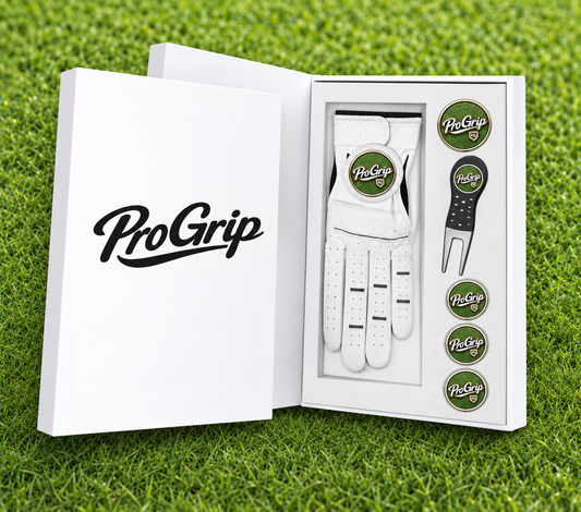 Presidential personalized golf gift set with custom glove, ball markers and divot tool in a white gift box