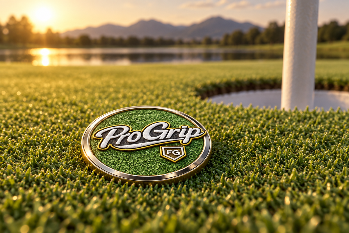 Custom printed steel golf ball marker with Pro Grip logo positioned near a golf cup