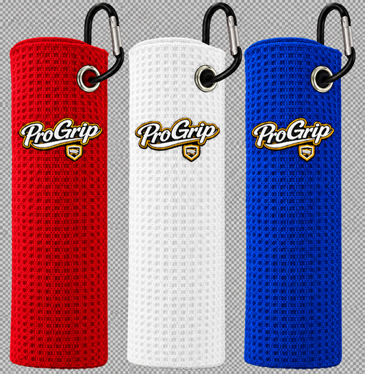 Red white and blue custom embroidered 18×18 waffle golf towels with carabiner clips